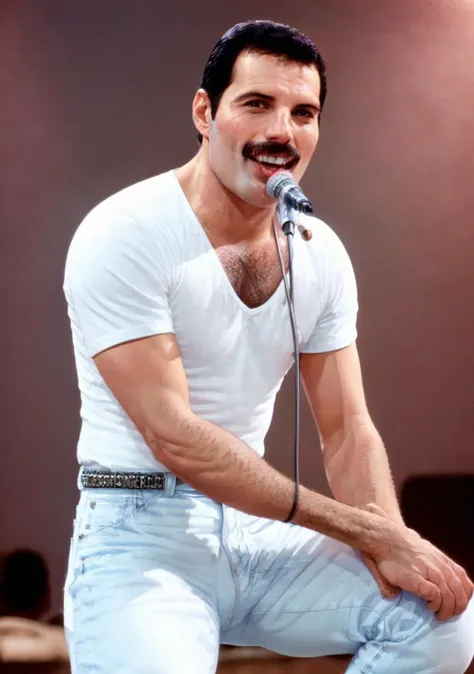 Freddie mercury ,smile, white t-shirt, sing, jeans, realistic, detailed, 4k, best quality, <lora:FreddieMercury:0.8>