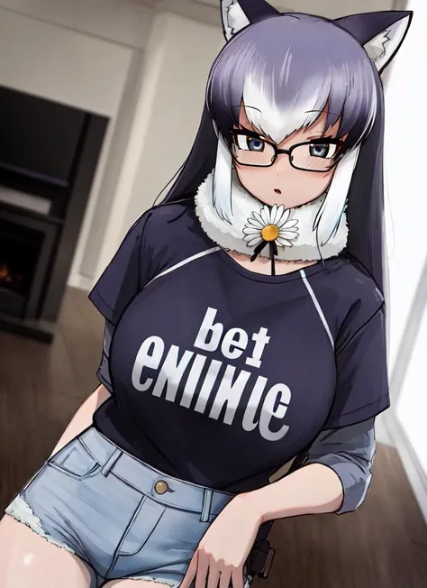 ((best quality)), ((highly detailed)), absurdres, (detailed eyes, deep eyes), (1girl), (glasses), depth of field, upper body, ((daisy dukes)), <lora:shiborikasuv1:.9>, grey wolf \(kemono friends\), (indoors, in a living room)