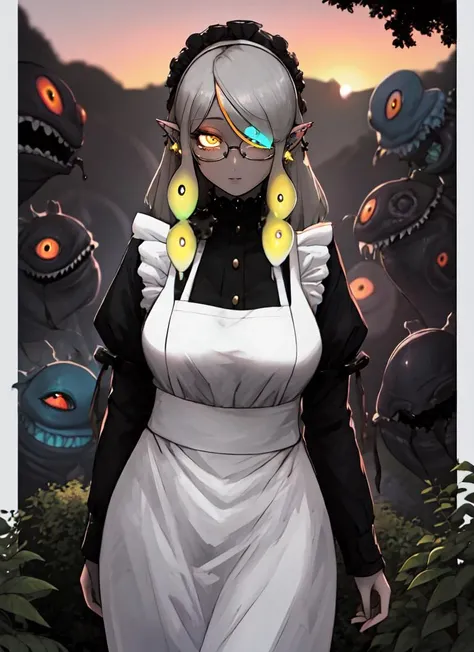 ((best quality)), ((highly detailed)), absurdres, detailed face, beautiful face, (detailed eyes, deep eyes), (1girl), (glasses), cowboy shot, ((ear piercing)), <lora:aiomonstergirls_loraLocon:.4>, (((shoggoth))), maid, body horror, (tentacles), ((extra eyes)), glowing eyes, Arylide yellow colored eyes, heterochromia, (colored skin), (grey colored skin), medium breasts, glowing runes,glowing portal, lovecraftian, <lora:insanevoid2:.9>, insanevoid, glowing, (outdoors, at a garden, sunset), <lora:shiborikasuv1:.8>