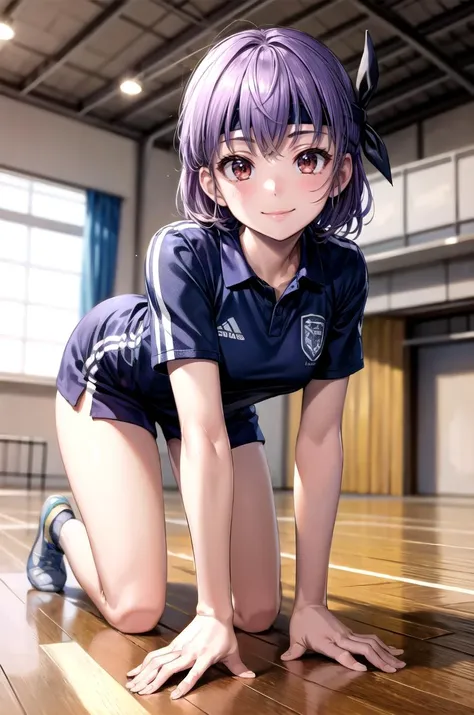 (masterpiece, best quality, detailed), 1girl, solo, looking at viewer, doaAyane, headband, 
<lora:Soccer Uniform By Stable Yogi:0.5>, soccer uniform, <lora:school_gym_v0.1:1>, school gym, all fours, smile, closed mouth