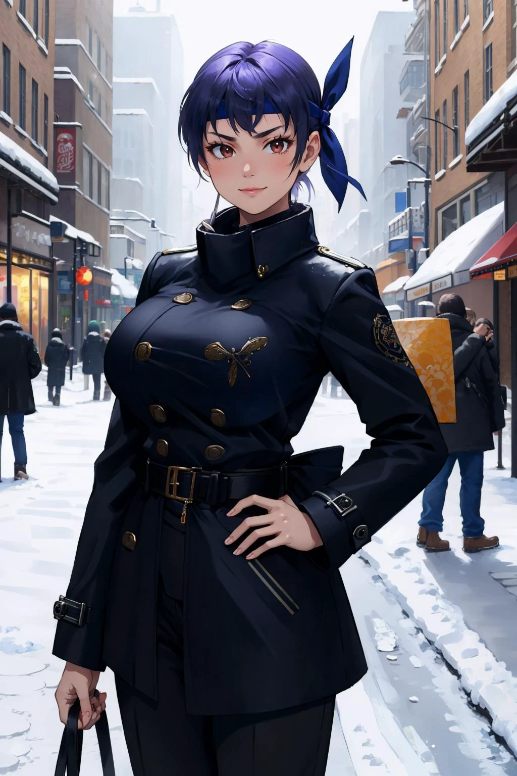 masterpiece, best quality, <lora:doaayane-nvwls-v1-000009:0.9> doaAyane, headband, (huge breasts:0.7), black coat, long coat, frilled shirt, black pants, belt, looking at viewer, belt buckle, furrowed brow, smile, winter, snow, city street