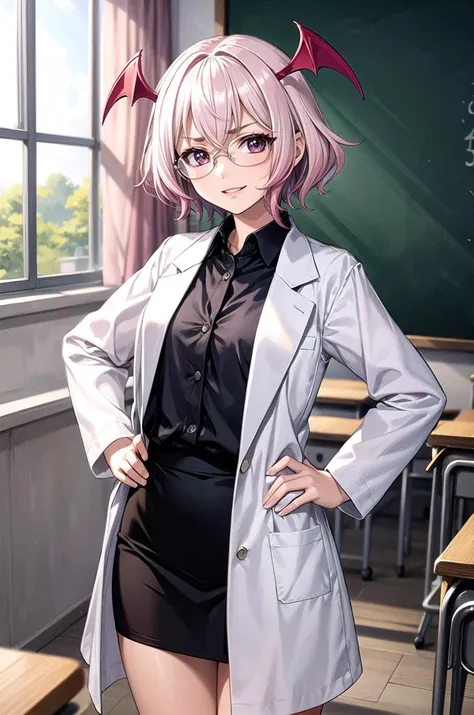 (masterpiece, best quality, detailed), 1girl, solo, looking at viewer, SucubDef, purple eyes, pink hair, gradient hair, short hair, breasts, small breasts, head wings,
scientist, labcoat, glasses, collared shirt, pencil skirt, indoors, classroom, school desk, window, school chair, curtains, wind, hands on hips, smile, parted lips, smug, v-shaped eyebrows