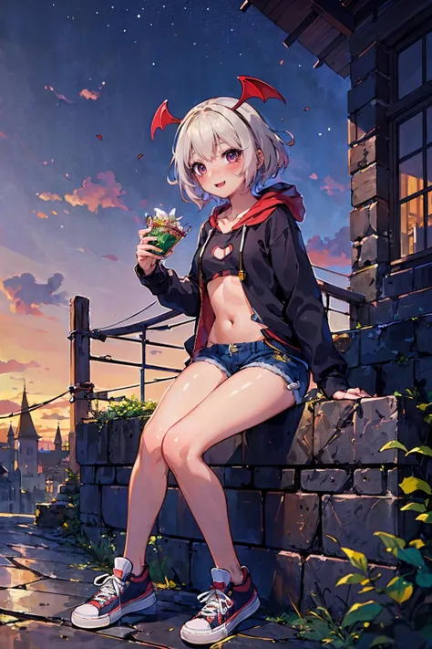 (masterpiece, top quality, best quality, beautiful and aesthetic:1.2), (1girl:1.3), original, high resolution, full body, sitting, <lora:Succub:1> succubkonosub, casual clothing, hoodie, clothing cutout, short shorts, outdoors, punk, fantasy, medieval, sneakers,