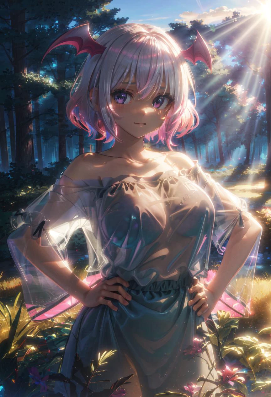 (volumetric lighting, Highres), masterpiece, best quality, absurdres,ultra-detail, sucubdef, 1girl, solo, purple eyes, white hair, pink hair, gradient hair, short hair, (huge breasts:1.1), blush, demon girl, shirt, white shirt, short sleeves, t-shirt, off shoulder, oversized shirt, naked shirt, oversized clothes, see-through silhouette, see-through shirt, <lora:Concept_Oversized:1>, cowboy shot, looking at viewer, hands on hips, highly detailed background, outdoors, forest, field, sky, blue sky, sunlight, grass, forest, <lora:LoRA_Succub:1>, <lora:detail_slider_v4:0.6> <lora:hairdetailer:0.6>
