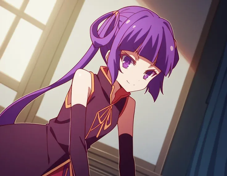 score_9, score_8_up, score_7_up, source_anime,
chlammyzell, <lora:chlammy-zell-s1-ponyxl-lora-nochekaiser:1>,
chlammy zell, long hair, purple eyes, purple hair, bangs, blunt bangs, twintails, hair rings,
detached sleeves, bridal gauntlets, gloves, dress, elbow gloves,
indoors, smile, bent over,,
cowboy shot, looking at viewer, solo, dutch angle,