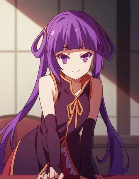 score_9, score_8_up, score_7_up, source_anime,
chlammyzell, <lora:chlammy-zell-s1-ponyxl-lora-nochekaiser:1>,
chlammy zell, long hair, purple eyes, purple hair, bangs, blunt bangs, twintails, hair rings,
detached sleeves, bridal gauntlets, gloves, dress, elbow gloves,
indoors, smile, bent over,,
cowboy shot, looking at viewer, solo, dutch angle,