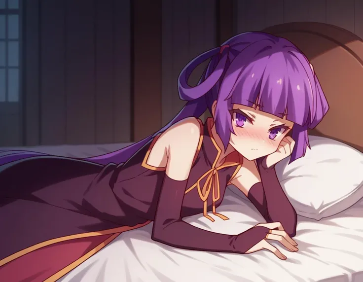 score_9, score_8_up, score_7_up, source_anime,
chlammyzell, <lora:chlammy-zell-s1-ponyxl-lora-nochekaiser:1>,
chlammy zell, long hair, purple eyes, purple hair, bangs, blunt bangs, twintails, hair rings,
detached sleeves, bridal gauntlets, gloves, dress, elbow gloves,
indoors, bed, bed room, on side, blush, drunk,
cowboy shot, looking at viewer, solo, dutch angle,