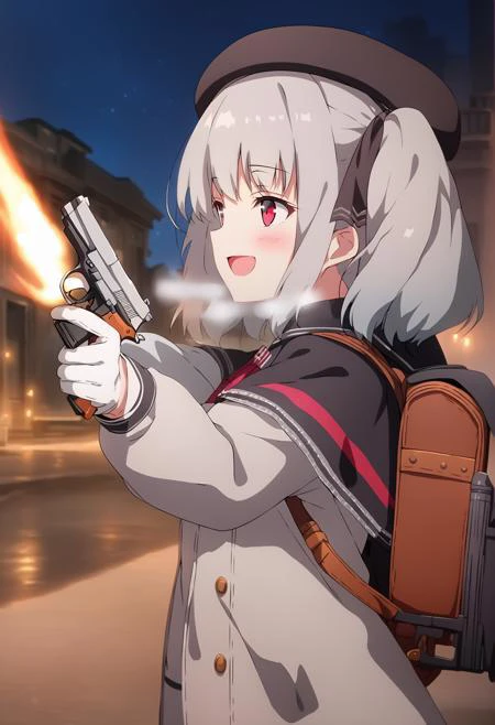 1girl, solo, blush, smile, open mouth, bangs, shirt, red eyes, long sleeves, hat, ribbon, holding, twintails, jacket, hair ribbon, white shirt, upper body, weapon, :d, grey hair, sidelocks, outdoors, sky, virtual youtuber, white gloves, medium hair, pink eyes, bag, holding weapon, from side, gun, black headwear, black ribbon, profile, capelet, night, beret, looking away, backpack, holding gun, night sky, breath, handgun, trigger discipline, black capelet, aiming <lora:PrimadollRetzel-10:1>, score_9, score_8_up, score_7_up, score_6_up, score_5_up, score_4_up, BREAK source_anime, masterpiece