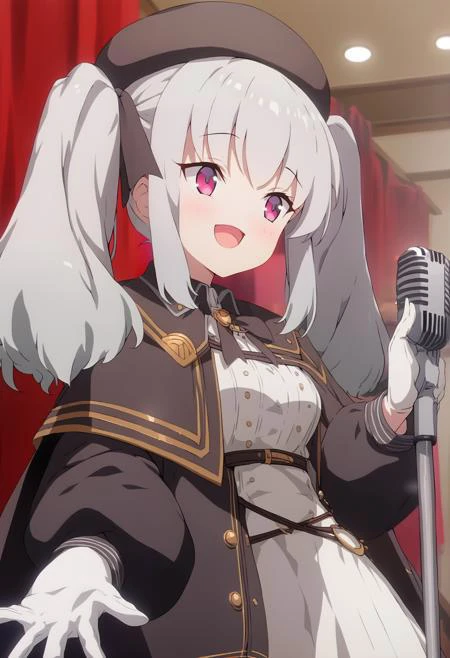 1girl, solo, long hair, breasts, smile, open mouth, bangs, skirt, shirt, red eyes, gloves, long sleeves, hat, dress, holding, twintails, purple eyes, jacket, white shirt, upper body, :d, grey hair, multicolored hair, puffy sleeves, collared shirt, virtual youtuber, white gloves, hand up, pink eyes, cape, two side up, black jacket, black headwear, black bow, beret, looking away, outstretched arm, curtains, microphone, puffy long sleeves, brown headwear, black cape, holding microphone <lora:PrimadollRetzel-10:1>, score_9, score_8_up, score_7_up, score_6_up, score_5_up, score_4_up, BREAK source_anime, masterpiece