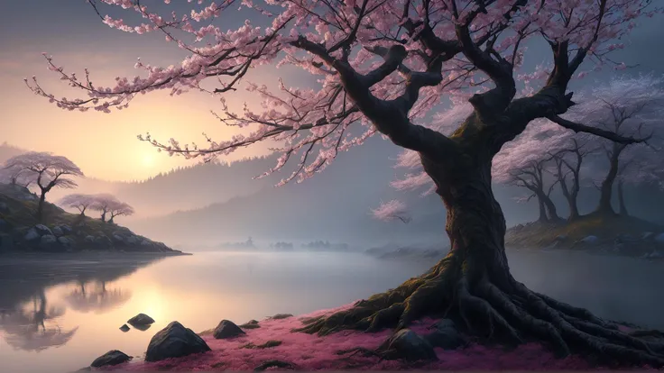 a matte painting,scenery,(cherry blossoms:1.2),hazy lighting,(Moody atmosphere:1.1),foggy,bare tree,branch,(godrays:0.8),lake,nature,petals,tree,(water:1.2),forest,