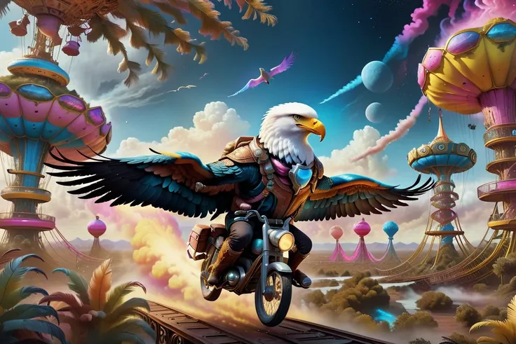 Dreamscape An explorer (riding) aflamingo,eagle from a distant future, possessing extraordinary orientation senses, roams through an abandoned, overgrown amusement park. (Explorer, Futuristic, Abandoned, Overgrown) , Taking cues from Interstellar and Stranger Things, ('sci-fi character':1.4), ('orientation sense':1.5), ('nostalgic settings':1.3) High-definition photography, intricate details, and a mix of wonder and eeriness form, <lora:sdxl_photorealistic_slider_v1:0.6>, photorealistic, 4k, highly detailed, sharp focus, hyper-realistic,  <lora:ChalkDustStyleSDXL:0.8> <lora:flaming-person:1.2>, (masterpiece,best quality:1.5) . Surreal, ethereal, dreamy, mysterious, fantasy, highly detailed, (masterpiece,best quality:1.5)