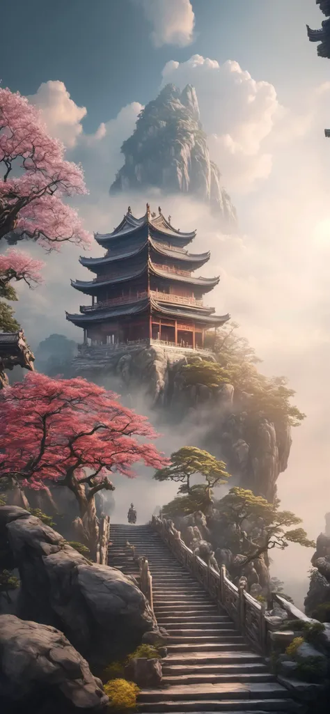 ((Masterpiece, best quality)), detailed skin, highly detailed, cinematic lighting, ultra realistic, huge breast, <lora:csal_scenery_XL:0.8> csal_scenery, Jiangnan, Huangshan, Xihu, temple standing on as cloud in the sky, stairs descending to viewer, levitating, surrounded by clouds, floating, sunrays