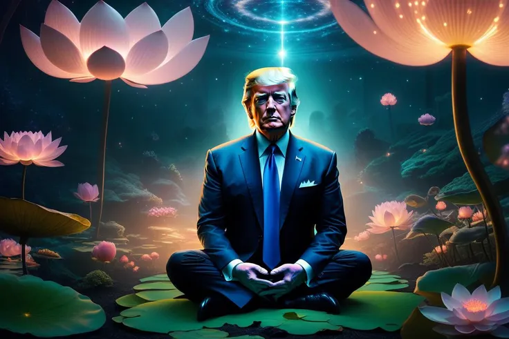 cinematic film still Mysterious, fantasy, illustration: Donal Trump meditates in a garden filled with levitating lotus flowers. Cosmic energies are drawn to him, creating an orbit of protective light that repels approaching darkness, swirling lights, light particles, (from: Glowing mushrooms|Fiery crystals|0.6|Bioluminescent corals|0.4:0.952), bioluminescence, radioactive, <lora:sdxl_photorealistic_slider_v1:1>, (masterpiece,best quality:1.5) . shallow depth of field, vignette, highly detailed, high budget, bokeh, cinemascope, moody, epic, gorgeous, film grain, grainy