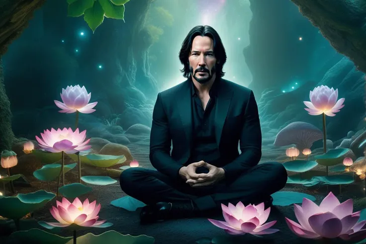 cinematic film still Mysterious, fantasy, illustration: Keanu Reeves meditates in a garden filled with levitating lotus flowers. Cosmic energies are drawn to him, creating an orbit of protective light that repels approaching darkness, swirling lights, light particles, (from: Glowing mushrooms|Fiery crystals|0.6|Bioluminescent corals|0.4:0.952), bioluminescence, radioactive, <lora:sdxl_photorealistic_slider_v1:1>, (masterpiece,best quality:1.5) . shallow depth of field, vignette, highly detailed, high budget, bokeh, cinemascope, moody, epic, gorgeous, film grain, grainy