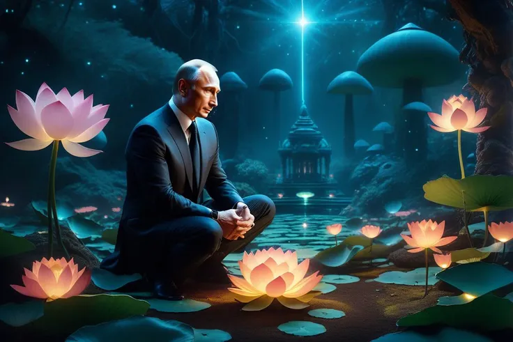 cinematic film still Mysterious, fantasy, illustration: Putin meditates in a garden filled with levitating lotus flowers. Cosmic energies are drawn to him, creating an orbit of protective light that repels approaching darkness, swirling lights, light particles, (from: Glowing mushrooms|Fiery crystals|0.6|Bioluminescent corals|0.4:0.952), bioluminescence, radioactive, <lora:sdxl_photorealistic_slider_v1:1>, (masterpiece,best quality:1.5) . shallow depth of field, vignette, highly detailed, high budget, bokeh, cinemascope, moody, epic, gorgeous, film grain, grainy