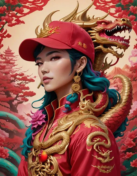 Lunar New Year Wood Love Dragon, <lora:SkeletoNaut-000009:0.8> Dragon Head Vaporwave Fitted Cap, cuban links, fusion of wood element with the dragon symbol, embodying strength and flexibility in love, highlighting the Lunar New Year's celebration of renewal and growth, integrating motifs of dragons in lush, wooden environments, symbols of enduring love and prosperity, Lunar New Year Wood Love Dragon