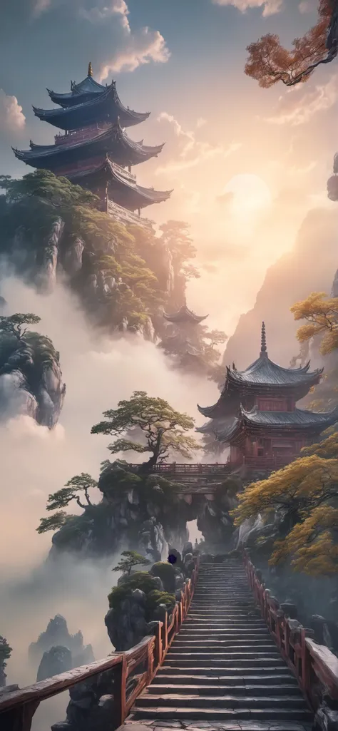 ((Masterpiece, best quality)), detailed skin, highly detailed, cinematic lighting, ultra realistic, huge breast, <lora:csal_scenery_XL:0.8> csal_scenery, Jiangnan, Huangshan, Xihu, temple standing on as cloud in the sky, stairs descending to viewer, levitating, surrounded by clouds, floating, sunrays