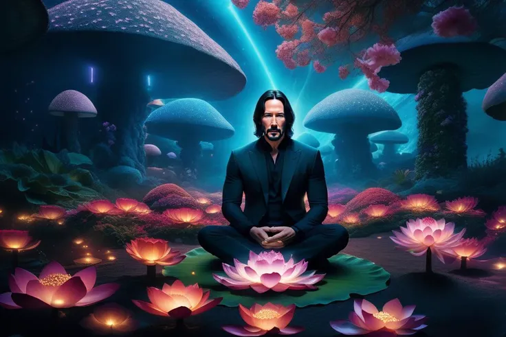 cinematic film still Mysterious, fantasy, illustration: Keanu Reeves meditates in a garden filled with levitating lotus flowers. Cosmic energies are drawn to him, creating an orbit of protective light that repels approaching darkness, swirling lights, light particles, (from: Glowing mushrooms|Fiery crystals|0.6|Bioluminescent corals|0.4:0.952), bioluminescence, radioactive, <lora:sdxl_photorealistic_slider_v1:1>, (masterpiece,best quality:1.5) . shallow depth of field, vignette, highly detailed, high budget, bokeh, cinemascope, moody, epic, gorgeous, film grain, grainy