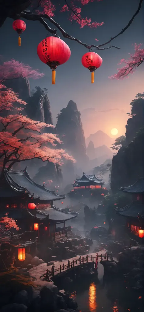 ((Masterpiece, best quality)), detailed skin, highly detailed, cinematic lighting, ultra realistic, huge breast, <lora:csal_scenery_XL:0.8> csal_scenery, Jiangnan, Huangshan, Xihu, midnight, lots of lanterns, dark