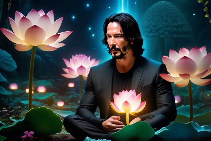 cinematic film still Mysterious, fantasy, illustration: Keanu Reeves meditates in a garden filled with levitating lotus flowers. Cosmic energies are drawn to him, creating an orbit of protective light that repels approaching darkness, swirling lights, light particles, (from: Glowing mushrooms|Fiery crystals|0.6|Bioluminescent corals|0.4:0.952), bioluminescence, radioactive, <lora:sdxl_photorealistic_slider_v1:1>, (masterpiece,best quality:1.5) . shallow depth of field, vignette, highly detailed, high budget, bokeh, cinemascope, moody, epic, gorgeous, film grain, grainy