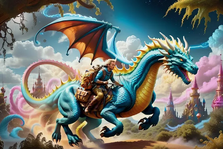 Dreamscape An explorer (riding) a dragon from a distant future, possessing extraordinary orientation senses, roams through an abandoned, overgrown amusement park. (Explorer, Futuristic, Abandoned, Overgrown) , Taking cues from Interstellar and Stranger Things, ('sci-fi character':1.4), ('orientation sense':1.5), ('nostalgic settings':1.3) High-definition photography, intricate details, and a mix of wonder and eeriness form, <lora:sdxl_photorealistic_slider_v1:0.6>, photorealistic, 4k, highly detailed, sharp focus, hyper-realistic, <lora:ChalkDustStyleSDXL:0.8> <lora:flaming-person:1.2>, (masterpiece,best quality:1.5) . Surreal, ethereal, dreamy, mysterious, fantasy, highly detailed