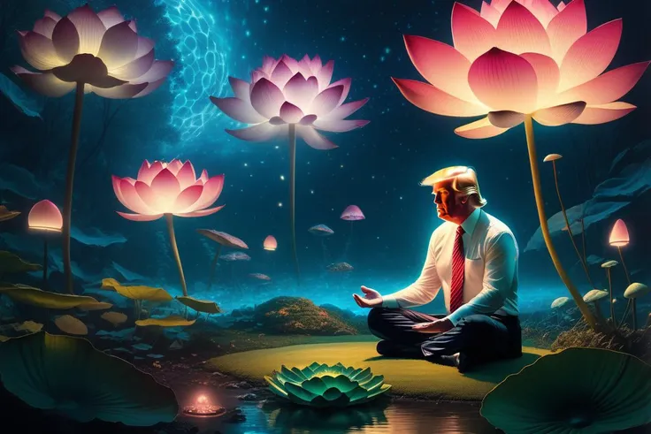 cinematic film still Mysterious, fantasy, illustration: Donal Trump meditates in a garden filled with levitating lotus flowers. Cosmic energies are drawn to him, creating an orbit of protective light that repels approaching darkness, swirling lights, light particles, (from: Glowing mushrooms|Fiery crystals|0.6|Bioluminescent corals|0.4:0.952), bioluminescence, radioactive, <lora:sdxl_photorealistic_slider_v1:1>, (masterpiece,best quality:1.5) . shallow depth of field, vignette, highly detailed, high budget, bokeh, cinemascope, moody, epic, gorgeous, film grain, grainy