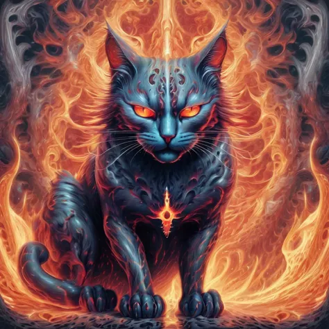 hellfire cat,hardcore hell,solo,close up,hero aura,surrealism,fractal art,