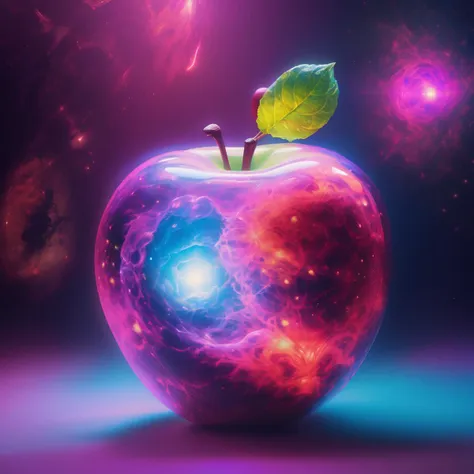 a photo of a beautiful nebula with a huge psychedelic glass apple, lit by a glowing neon light, surreal, sharp focus, grain effect, centered in frame