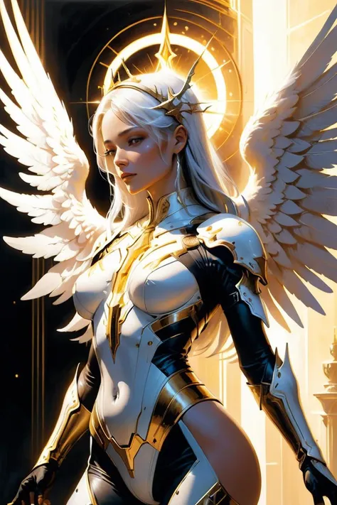 (Imaginative Digital Artwork:1.3) of (Ultra detailed:1.3) ((An angelic being with ethereal wings and a celestial aura. Heavenly whites, golden glows, and radiant presence. Divine and celestial.:1.3)), Tone Mapping, Ambient Occlusion, SSAO, Volumetric Lighting, Volumetric Light, Volumetric, Natural Lighting, absurdres, high resolution, (8k resolution), 8k, 8kres, 8k res, high details, detailed and intricate, intricate details, high intricate details, absurd amount of details, super resolution, ultra hd, megapixel, Deep Focus, Hip Level Shot, Quarter Turn Camera Staging, From Front, From Side, "Frontal Full Body Pose, Highlights the overall body shape and symmetry", "Futuristic, Sci-fi, Sleek, Cutting-edge", <lora:add-detail-xl:1>, <lora:cyborg_style_xl-alpha:0.5> cyborg style, <lora:mecha-000009 (1):0.5> mechanical style, solo, science fiction, <lora:Fantasy_art_XL_V1:0.5> ARTIST can be Boris Vallejo, Frank Frazetta, Luis Royo and Neal Adams, <lora:SDXL Science Fiction:0.4> science, fiction, style,CGSociety,ArtStation,(close portrait:1.3),thematic background