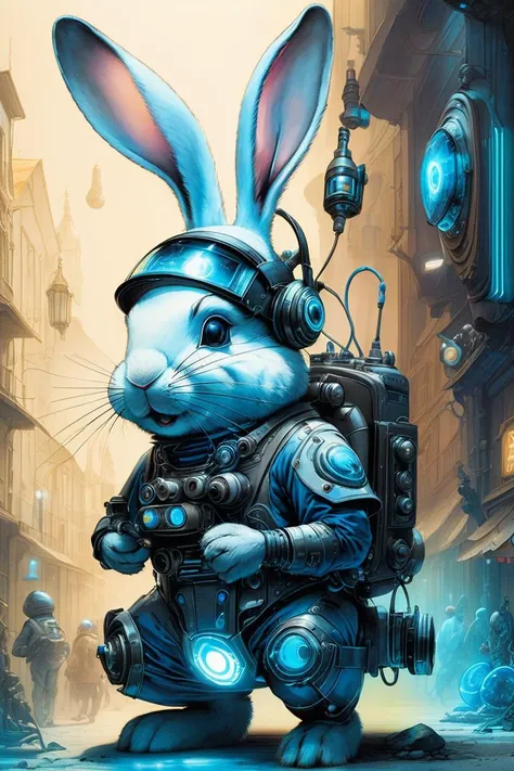 (Watercolor painting) of (art by Jean Ignace Isidore Grandville:1.3) and (art by Jean-Baptiste Monge:1.3) of (The Futuristic Bunny, A bunny with high-tech attire and holographic gadgets. Futuristic blues, holographic accents, and tech-savvy details. Playful and tech-forward:1.3),character focus, Natural Lighting, Volumetric Lighting, Volumetric Light, Volumetric, absurdres, high resolution, (8k resolution), 8k, 8kres, 8k res, super resolution, ultra hd, megapixel, Establishing Shot, Deep Focus, Hip Level Shot, Quarter Turn Camera Staging, From Front, From Side,