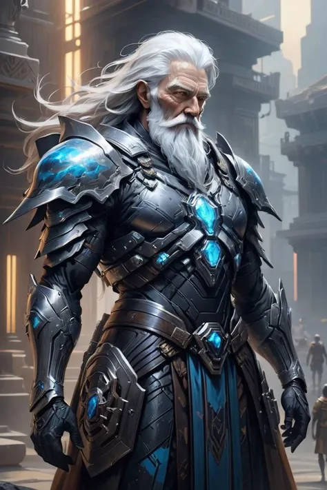 (Groundbreaking Digital Artwork:1.3) of (Ultra detailed:1.3) of ((An ancient elder with a long white beard, carrying a staff of ancient wisdom. Mystic blues, aged browns, and celestial glows. Wise and ancient.:1.3)), Tone Mapping, Ambient Occlusion, SSAO, Volumetric Lighting, Volumetric Light, Volumetric, Natural Lighting, absurdres, high resolution, (8k resolution), 8k, 8kres, 8k res, high details, detailed and intricate, intricate details, high intricate details, absurd amount of details, super resolution, ultra hd, megapixel, Deep Focus, Hip Level Shot, Quarter Turn Camera Staging, From Front, From Side, "Frontal Full Body Pose, Highlights the overall body shape and symmetry", "Futuristic, Sci-fi, Sleek, Cutting-edge", <lora:add-detail-xl:1>, <lora:cyborg_style_xl-alpha:0.8> cyborg style, <lora:mecha-000009 (1):0.5> mechanical style, solo, science fiction, <lora:Sci-fi_Environments_sdxl:0.4> scenery, outdoors, building, science_fiction,CGSociety,ArtStation,(close portrait:1.3),thematic background