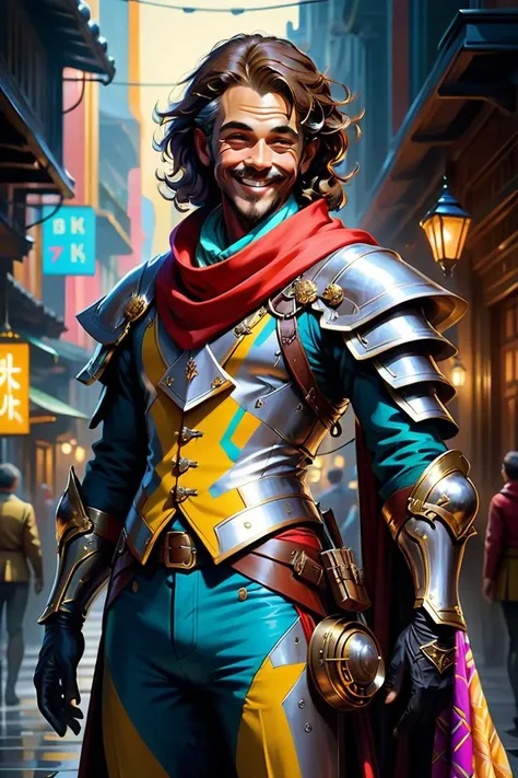 (Groundbreaking Digital Artwork:1.3) of (Ultra detailed:1.3) of ((A charming bard with an instrument in hand, wearing colorful attire and a mischievous grin. Vibrant colors, musical patterns, and charming flair. Charismatic and alluring.:1.3)), Tone Mapping, Ambient Occlusion, SSAO, Volumetric Lighting, Volumetric Light, Volumetric, Natural Lighting, absurdres, high resolution, (8k resolution), 8k, 8kres, 8k res, high details, detailed and intricate, intricate details, high intricate details, absurd amount of details, super resolution, ultra hd, megapixel, Deep Focus, Hip Level Shot, Quarter Turn Camera Staging, From Front, From Side, "Frontal Full Body Pose, Highlights the overall body shape and symmetry", "Futuristic, Sci-fi, Sleek, Cutting-edge", <lora:add-detail-xl:1>, <lora:cyborg_style_xl-alpha:0.8> cyborg style, <lora:mecha-000009 (1):0.5> mechanical style, solo, science fiction, <lora:Sci-fi_Environments_sdxl:0.4> scenery, outdoors, building, science_fiction,CGSociety,ArtStation,(close portrait:1.3),thematic background