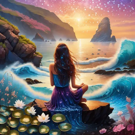 a woman sitting on a rock, looking at the rough sea hitting the stones, she is sad, longing in mourning, Crystal, Galaxy, Transparent, windblown flowers, Glitter, Sparkle, brilliant, Colorful, magical photography, Dramatic Lighting, Light background, realistic photo, super detailed, 4k, High resolution, super fine sharp, High quality, artistic, Unique, surrounded by aquatic plants made of mother - of - pearl with exquisite details