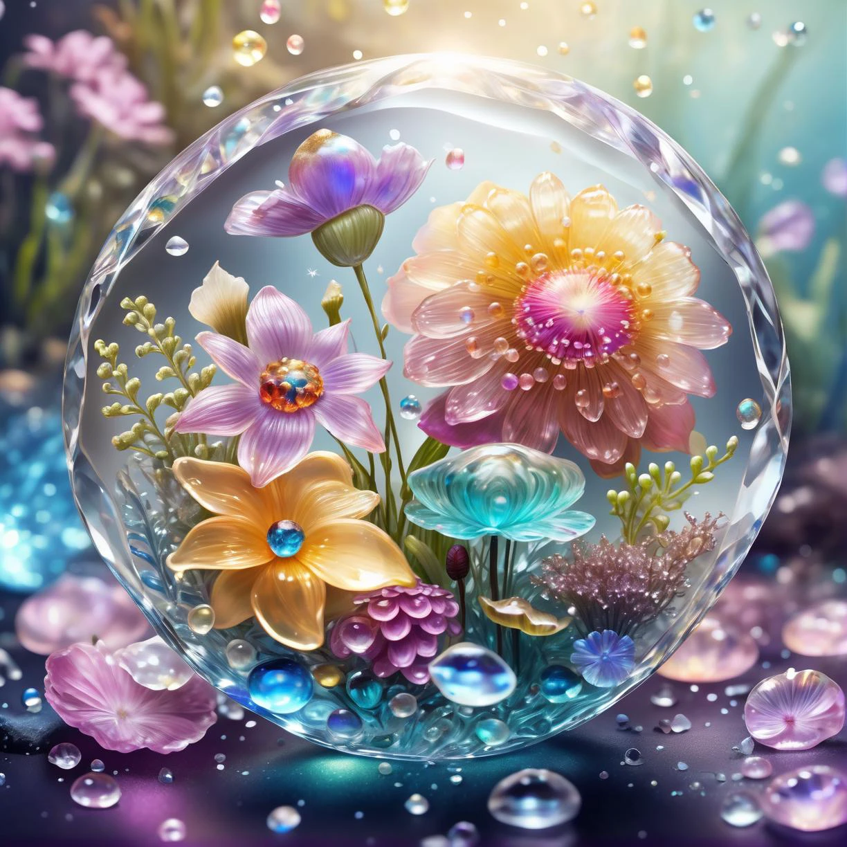 carro realista, Crystal, Galaxy, Transparent, windblown flowers, Glitter, Sparkle, brilliant, Colorful, magical photography, Dramatic Lighting, Light background, realistic photo, super detailed, 4k, High resolution, super fine sharp, High quality, artistic, Unique, surrounded by aquatic plants made of mother - of - pearl with exquisite details