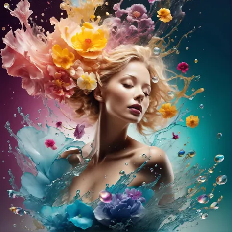 Alberto seveso art, blonde woman 50 years dancing sillhouette, water ink, ink water, ink cloud, alberto seveso art, loose painting style, intricate detail, cinematic lighting, octane render, 8k render, volumetric lighting, Crystal, Galaxy, Transparent, windblown flowers, Glitter, Sparkle, brilliant, Colorful, magical photography, Dramatic Lighting, Light background, realistic photo, super detailed, 4k, High resolution, super fine sharp, High quality, artistic, Unique, surrounded by aquatic plants made of mother - of - pearl with exquisite details