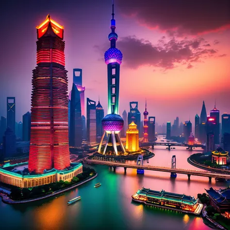 Shanghai is the mesmerizing pearl of the East with its ever-evolving skyline adorned with a plethora of architectural marvels ranging from sleek skyscrapers reaching towards the heavens to historic temples resonating with tales of yesteryear all set against the backdrop of the meandering Huangpu River which splits the city in two is a tantalizing symphony of old-world charm and cutting-edge modernity coexisting harmoniously Subjective distortion in service of inner expression, using vivid color and energetic mark-making to convey angst and alienation of modern experience Lines, circles, triangles, grids in dynamic tension, pure color, flatness