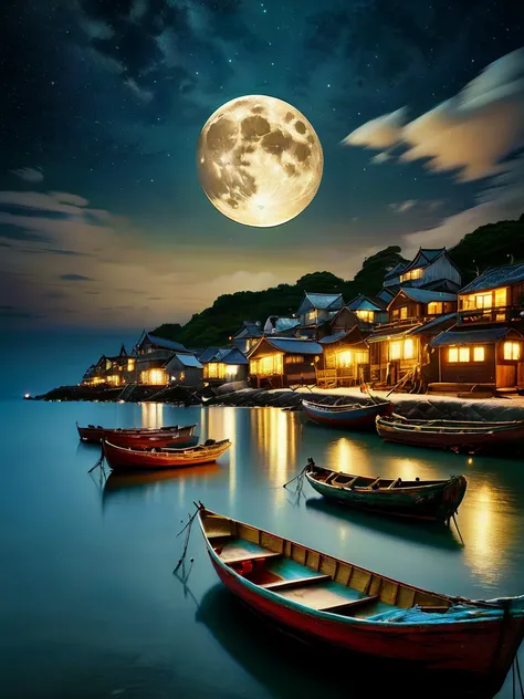 luminescent ocean, ancient fishing village, boats, night, stars in sky, puffy clouds, bright moon, sharp focus,
<lora:RMSDXL_Enhance:1>,
<lora:add-detail-xl:0.8>,
<lora:RMSDXL_Darkness_Cinema:1>,