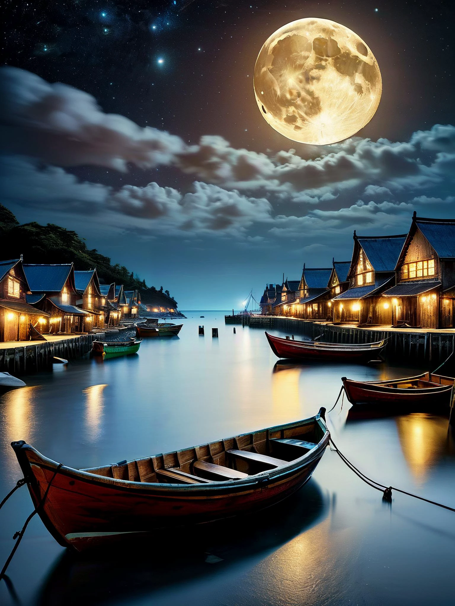 luminescent ocean, ancient fishing village, boats, night, stars in sky, puffy clouds, bright moon, sharp focus,
<lora:RMSDXL_Enhance:1>,
<lora:add-detail-xl:0.8>,
<lora:RMSDXL_Darkness_Cinema:1>,