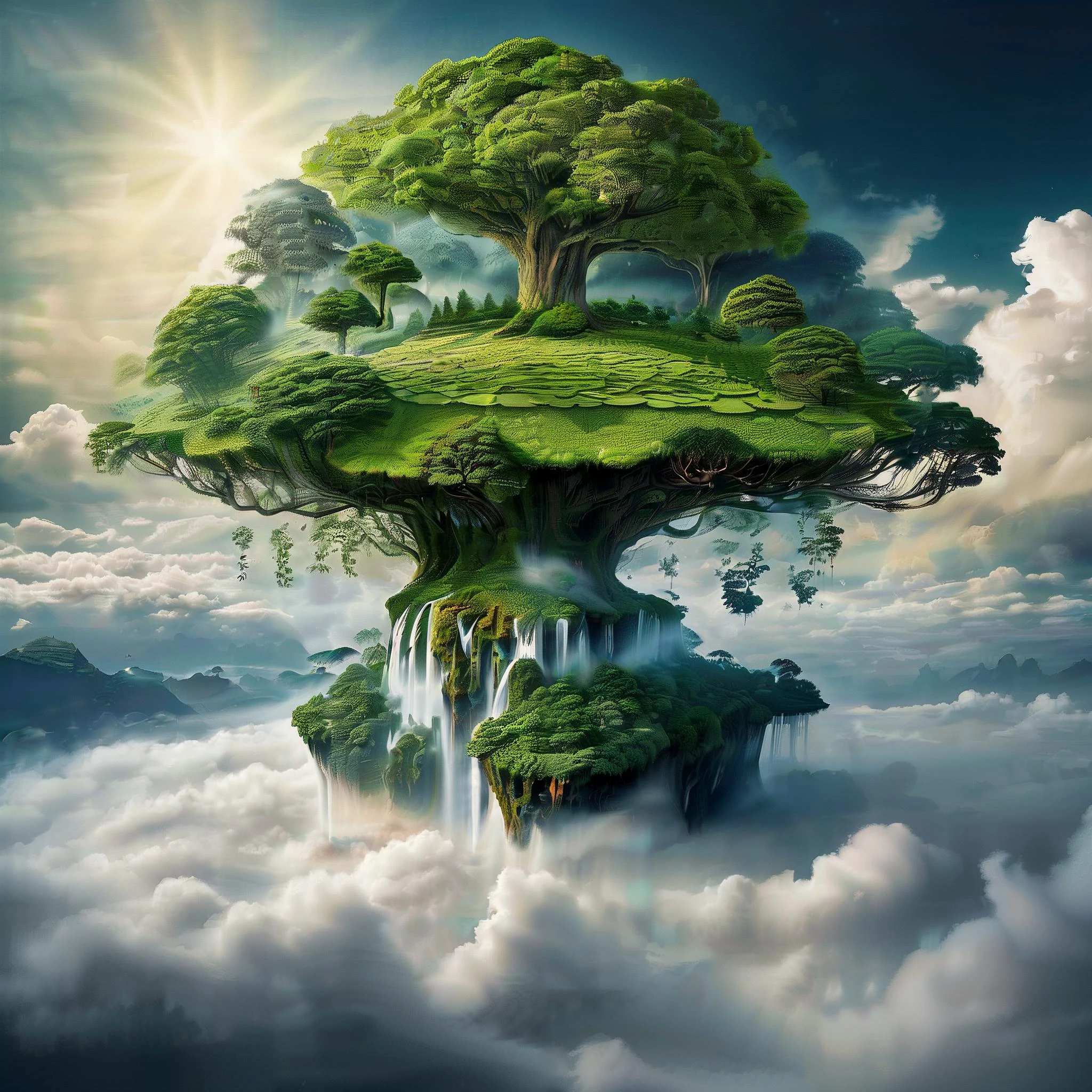 Imagine a world where trees grow in the clouds and the ocean is in the sky, and waterfalls fall into the clouds,
fantasy art,