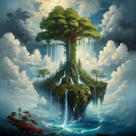 Imagine a world where trees grow in the clouds and the ocean is in the sky, and waterfalls fall into the clouds,
fantasy art,