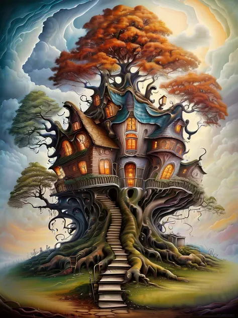 Masterpiece, top quality,
The house that grew from a tree, organic and twisted, taking on unusual form,
fantasy style, dreamlike art, airbrush painting,