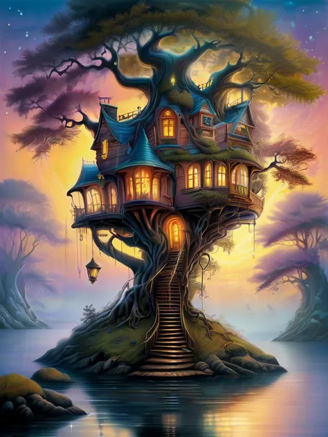 Masterpiece, top quality, whimsical,

The house in a tree, surrounded by water, winding stairs to reach the top, views that reach forever,

fantasy style, dreamlike art, airbrush painting, night, soft hues, 