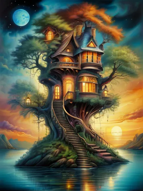 Masterpiece, top quality, whimsical,
The house in a tree, surrounded by water, winding stairs to reach the top, views that reach forever,
fantasy style, dreamlike art, airbrush painting, night, soft hues,