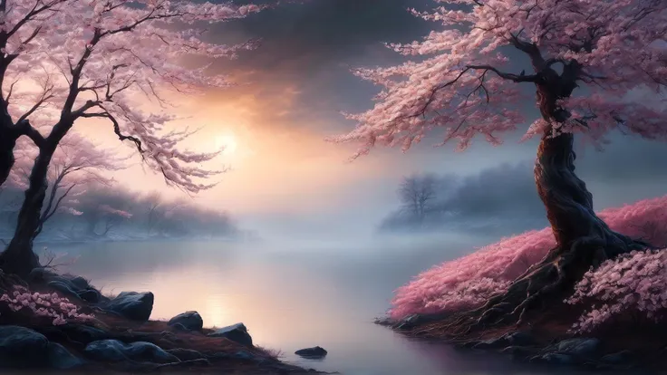 (hazy lighting:1.3),a matte painting,(cherry blossoms:1.2),scenery,melting snow,(Moody atmosphere:1.1),foggy,bare tree,branch,(godrays:0.8),lake,nature,petals,tree,(water:1.2),forest,