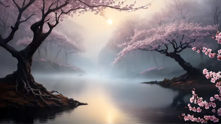 (hazy lighting:1.3),a matte painting,(cherry blossoms:1.2),scenery,(Moody atmosphere:1.1),foggy,bare tree,branch,(godrays:0.8),lake,nature,petals,tree,(water:1.2),forest,