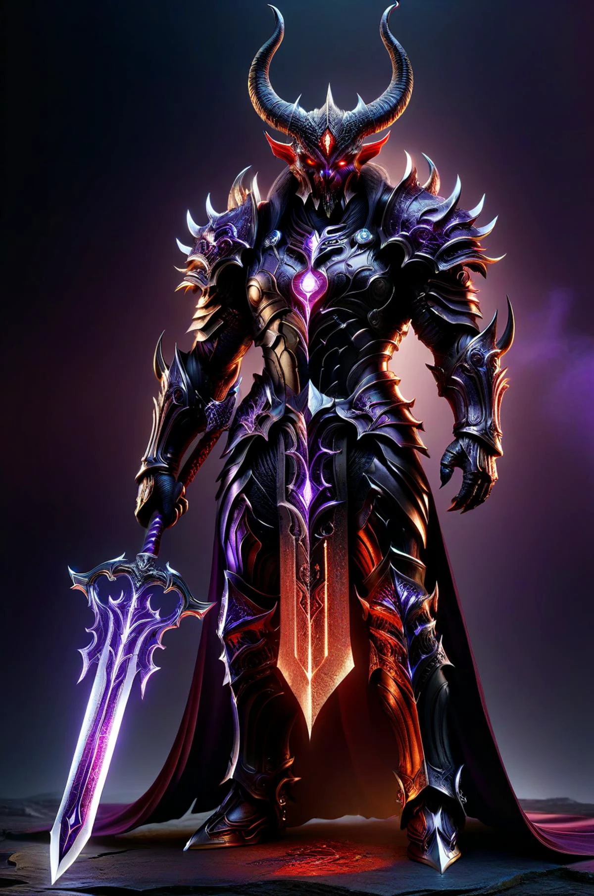 full body ilustration of ultra realistic extremely highly detailed demon king wearing ultra realistic extremely detailed black red heavy armor standing in ultra realistic highly detailed dark fantasy background holding a purple glowing sword, the gleave of the sword is on purple fire, perfect eyes, perfect nose, perfect horns, perfect hands, perfect legs, vivid colors, sharp focus, gloomy atmosphere, dark red colors, hyper realistic,dark fantasy <lora:detailed_notrigger:1> <lora:add-detail-xl:1.5> cinematic light, masterpiece, 32k, HDR, ((perfect quality)), hyper realistic <lora:DonMT3chC057ruc7sXL:0.9> DonMT3chC057ruc7sXL <lora:SDXLHighDetail_v5:1>