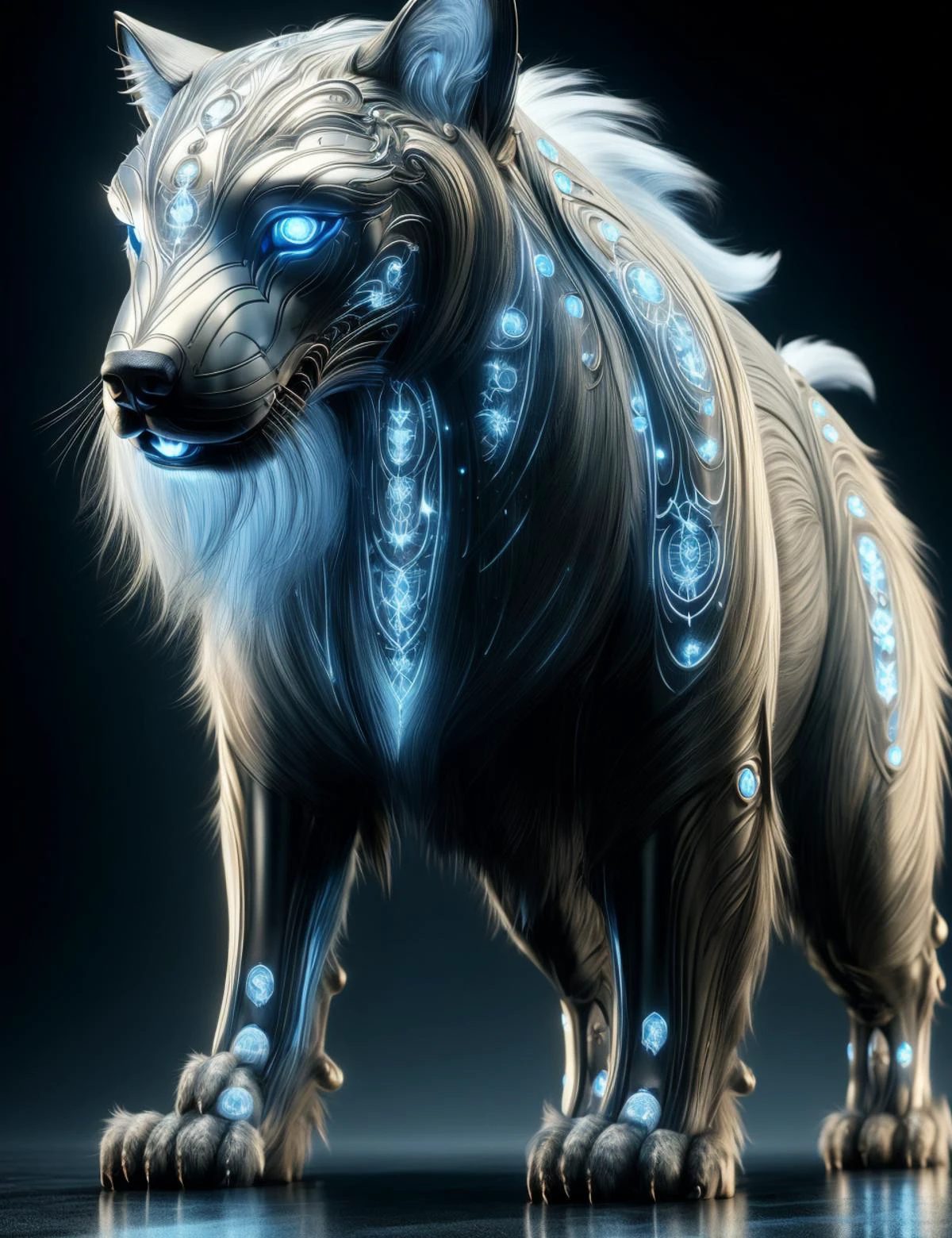masterpiece illustration, detailed, hires, octane rendering, DonMT3chC057ruc7s medium vibrant creeping moody canine presence, plantigrade appendages, curved-tailed, shaggy fur, <lora:DonMT3chC057ruc7s-000008:1>