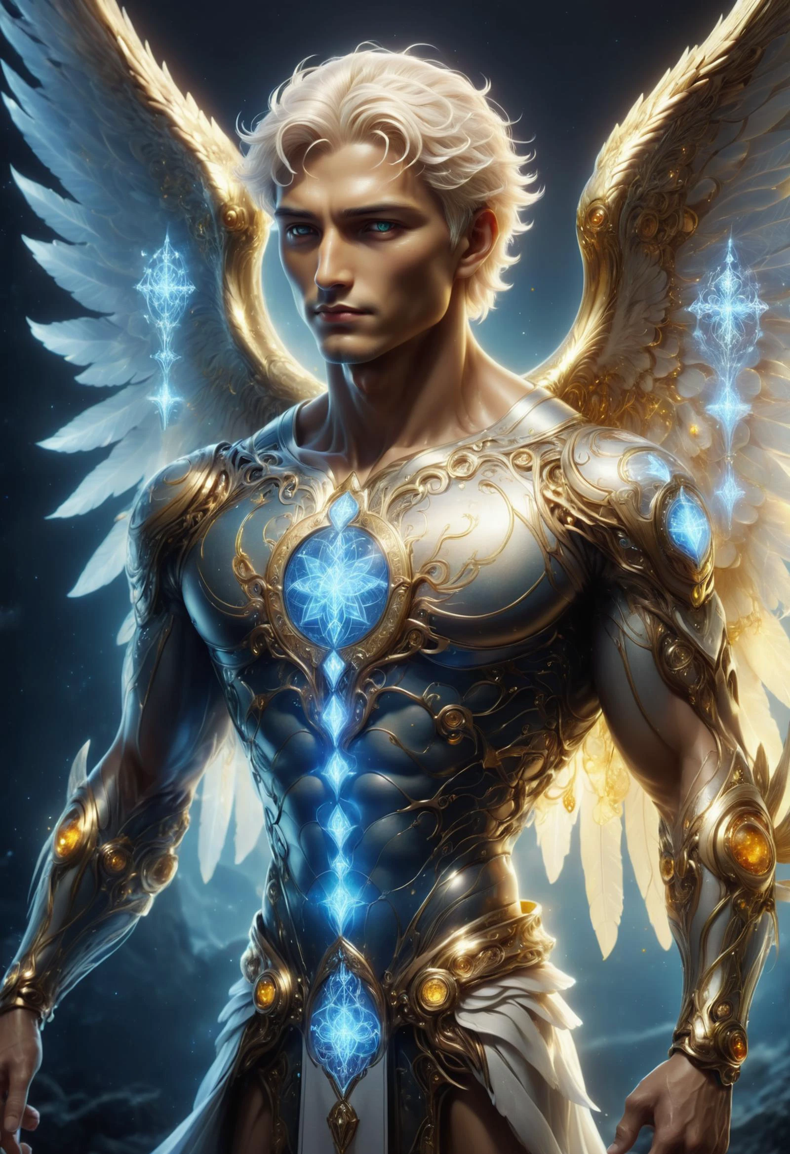 DonMT3chC057ruc7sXL male angel-treasure, Mythical cute whimsical awesome fairytale creature, elderly solid, pacific islander, amber eyes, nostril narrow nose, low jawline, low cheekbones, heart face shape with pointed chin, well-formed back muscles, , golden blonde crew cut hair, cry, spatial expansion, arms spread wide, expanding magical reach, caster, frost manipulation (creating and controlling frost) , elemental burst, dynamic motion to release elemental power, otherworldly glow, timeless tower of magecraft, timber, bioluminescent jellyfish, wall washers (exterior)', <lora:DonMT3chC057ruc7sXL:0.8>