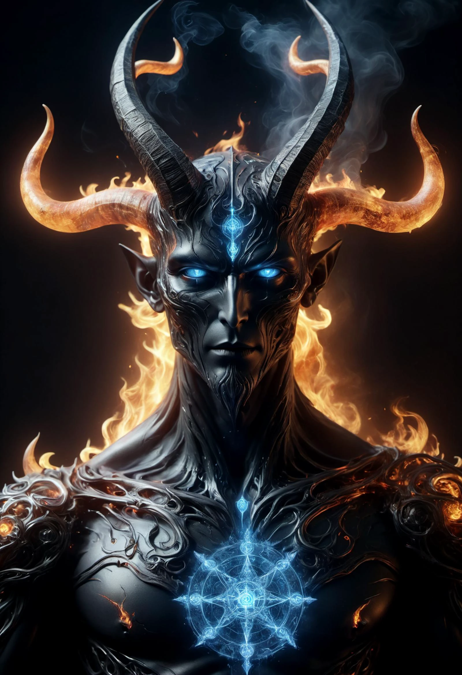 DonMT3chC057ruc7sXL iblis, Shadowy figure with glowing eyes, depicted with horns and elongated features, aura of malevolence and power, rebellion and temptation, enveloped in flames and smoke <lora:DonMT3chC057ruc7sXL:0.8>