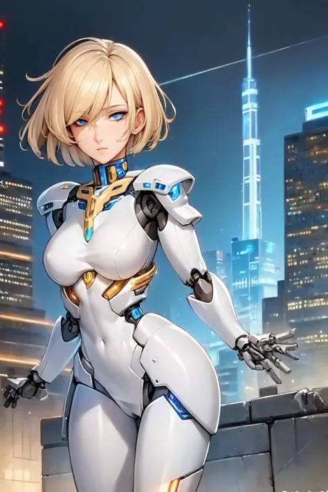 (masterpiece:1.2), (best quality:1.2), perfect eyes, perfect face, perfect lighting, 1girl, mature female, short hair, blonde hair, mecha, armor, robot girl, mechanical body, detailed city background, cyberpunk <lora:mecha_:1>